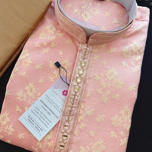Size - 40 | Pastel Pink Kurta with Cream Color Floral Embossed Design | Sherwani Style Men Kurta Pajama Set | Indian Wedding Kurta for Men