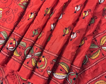 Tomato Red Color Bangalori Silk Saree with Hand Kantha Stitch | Handwoven Kantha Stitch Sarees | Kantha Saress | Silk Sarees | Bengal Saree
