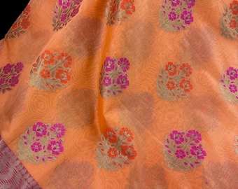 Peach Cotton Silk Saree | Floral Buttas, Banarasi Border