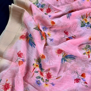 Lino de algodón rosa Estampados florales auténticos en telar manual Sari / Sari floral / Sari de lino / Bordes de Zari / Colección Kaash