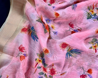 Roze katoenen linnen bloemen Authentieke handgeweven prints Saree | Bloemensari | Linnen sari's | Zari Grenzen | Kaash-collectie