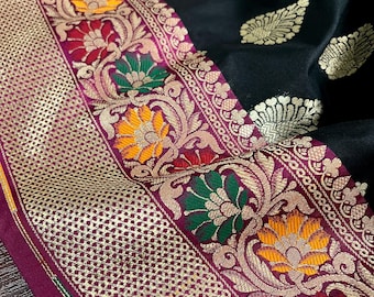 Black Color Traditional Banarasi Silk Handloom Saree with Paithani Border and Pallu | Meenakari Work | Black and Hot Pink Combination Saree