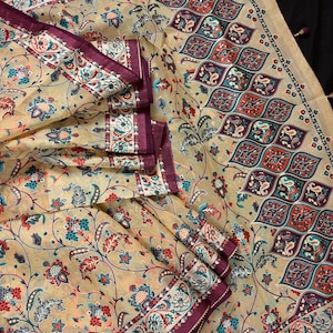 Statement Handmade Pastel Beige Color Soft Organza Tissue Silk Saree with Floral Prints | Purple Color Satin Borders | Tissue Silk Saree