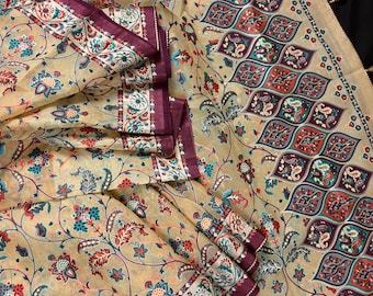 Declaração Feito à mão Pastel Bege Cor Soft Organza Tissue Seda Saree com Estampas Florais | Bordas de Cetim Roxo | Tissue Seda Saree