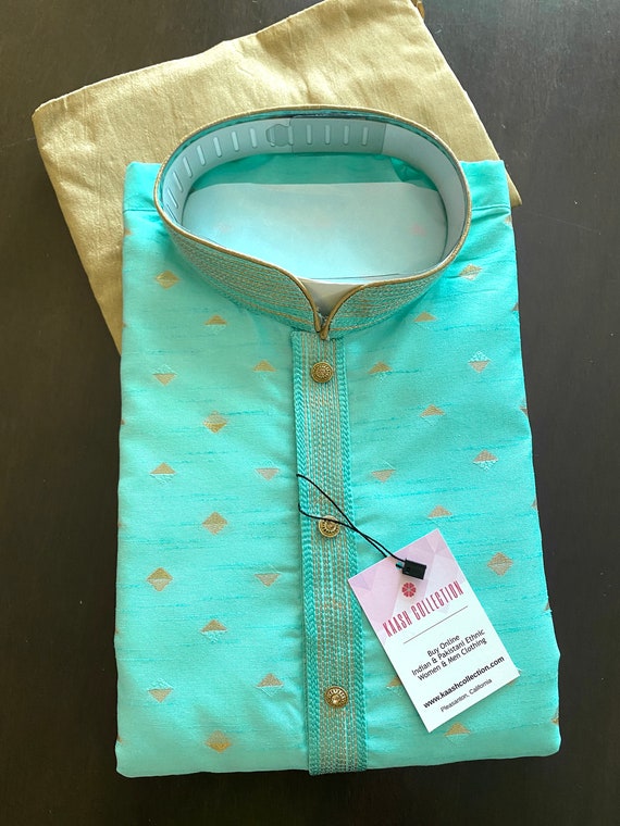 Designers Sea Blueish Green Silk Men Kurta Pajama Set With Zari