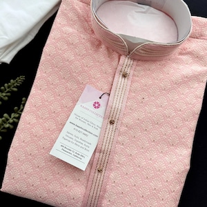 Baby Pink Men Kurta Pajama with Zari Weave work and Self Embroidery | Sherwani Style Kurta  | Kurta Pajama for Men | Kurta Store