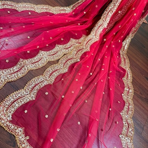 Hot Pink Color Net Dupatta with Zari, Sequin and Beads | Pink Color Dupatta | Sequin Dupatta | Sequin Dupattas | Indian Dupatta for Lehanga