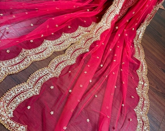 Hot Pink Color Net Dupatta with Zari, Sequin and Beads | Pink Color Dupatta | Sequin Dupatta | Sequin Dupattas | Indian Dupatta for Lehanga