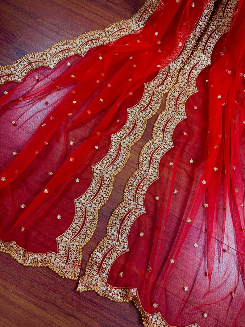 Dupatta de red de color rojo con zari dorado, lentejuelas y cuentas / Dupatta de color rojo / Dupatta roja con lentejuelas / Dupatta india para lehangas imagen 8