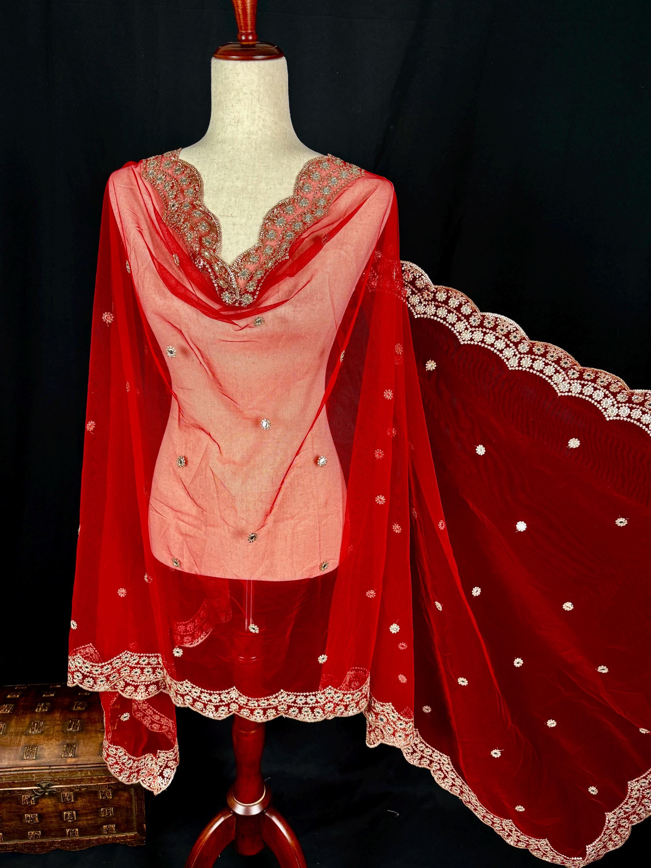 Red Soft Net Dupatta With Sliver Zari and Artifical Mirrors | Dupatta ...