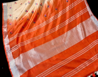 Floral Embroidered Linen Saree | Orange, Beige, Zari Borders