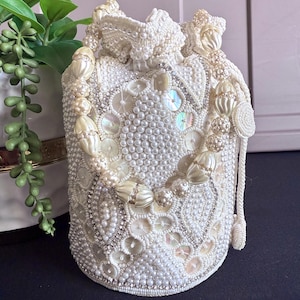 Pearl Potli Bag | Zircon Beaded Studded Clutch | Wedding Purse in Pearl | Handmade, Embellished Long Potli Bags for Wedding and Gifts