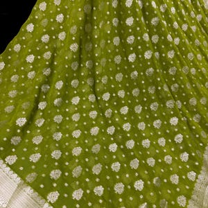 Statement Mehandi Green Color Banarasi Semi Chiffon Georgette Silk Saree with Sliver Zari Weave | Floral Pattern | Ships from California