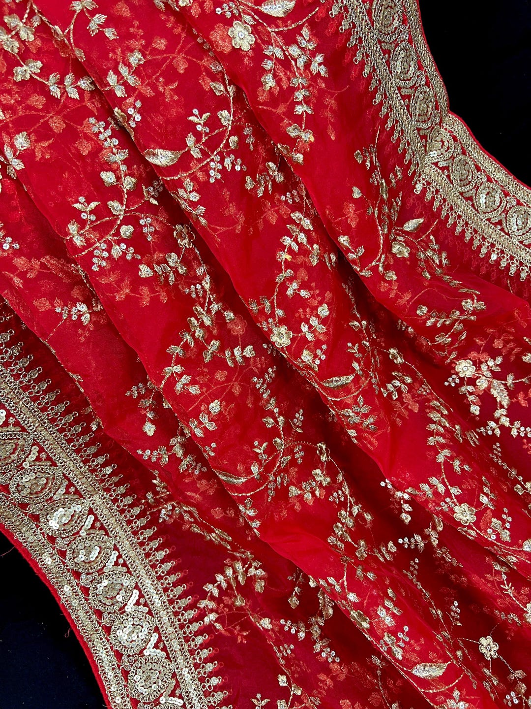 Organza Red dupatta with golden detailing and border main image 0