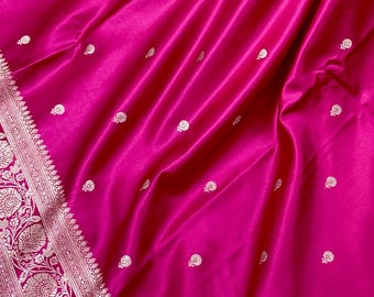 Deep Rani Pink Banarasi Mashru Silk Saree, Sliver Zari Weave, Small Buttis and Border
