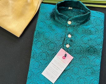 Size 5 Boys Soft Silk Teal Color Kurta with Brown Gold Pants | Self design Embroidered Material | | Kids Wear | Boys Wear | Infants Kurtas