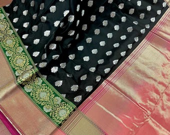 Black and Pink Traditional Banarasi Silk Handloom Saree with Paithani Style Border in Green