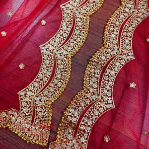 Dupatta de red de color rojo con zari dorado, lentejuelas y cuentas / Dupatta de color rojo / Dupatta roja con lentejuelas / Dupatta india para lehangas imagen 7