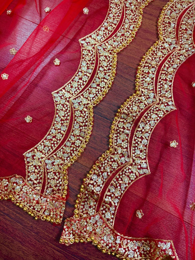 Dupatta de red de color rojo con zari dorado, lentejuelas y cuentas / Dupatta de color rojo / Dupatta roja con lentejuelas / Dupatta india para lehangas imagen 7