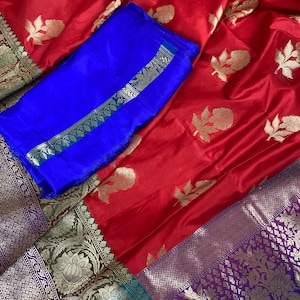 Deep Red Green and Blue Banarasi Silk Saree Floral Design - Etsy