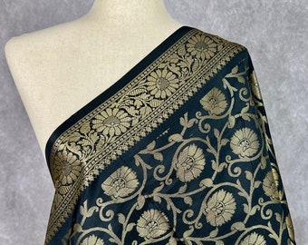 Black Banarasi Silk Dupatta | Gold Zari Floral Weave