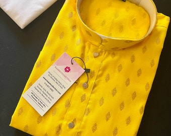 Gult bomulls-kurta-pyjamaset | Liten butti-design, herr-Haldi-outfit