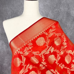 Red Color Banarasi Silk Dupatta with Flower and Jaal  | Zari Weaved Dupatta | Floral Pattern Dupatta | Stole | Dupattas for Gifting
