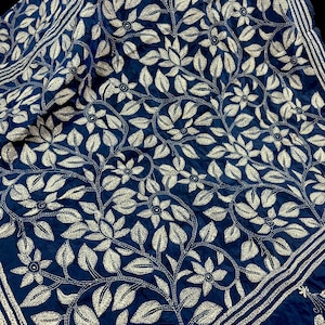 Blue Color Bangalori Silk Saree with Dense Hand Kantha Stitch Work in Floral Pattern in White | Handwoven Kantha Stitch Saree | Kantha Saree