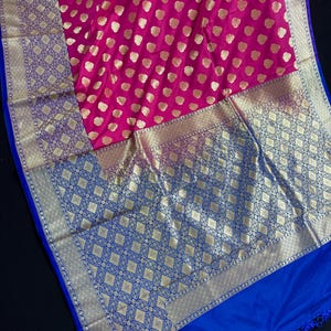 Muave Pink Color Saree with Blue Color Border and Pallu | Traditional Banarasi Handloom Silk Saree with Wide Border