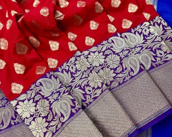 Red Banarasi Silk Saree | Blue & Purple Floral Border, Handloom