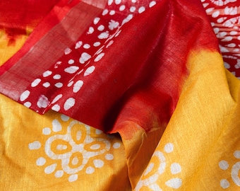 Hand Block Print Linen Saree | Mustard Yellow Red Bengal Saree