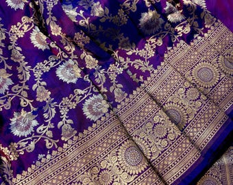 Purple with tint of blue Pure Banarasi Handwoven Katan Silk Saree | Muted Gold & Silver Zari Floral Jaal | Silk Mark Certified