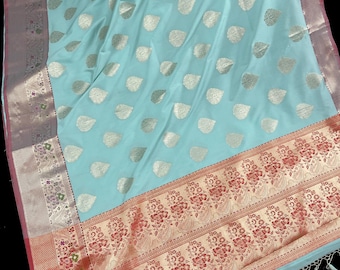 Statement Handmade Pastel Sea Blue Color Banarasi Semi Katan Silk Saree