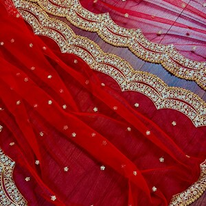 Dupatta de red de color rojo con zari dorado, lentejuelas y cuentas / Dupatta de color rojo / Dupatta roja con lentejuelas / Dupatta india para lehangas imagen 9