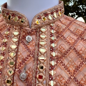 Men'S Peach Chikankari Embroidered And Sequence Kurta
