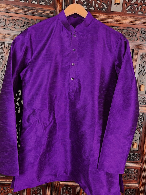 Purple Color Raw Silk Indian Men Short Kurta Mens Ethnic Wear