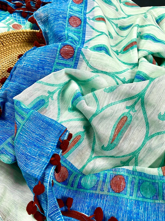 Light Sea Green Cotton Silk Saree with Maroon Pompom Cotton | Etsy