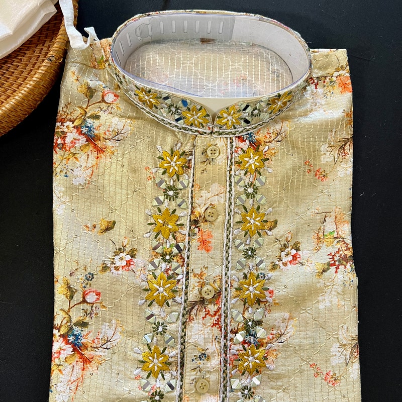 Cream Silk Kurta Jacket Set For Men With Floral Hand Embroidery