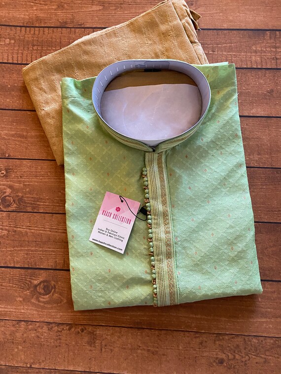 Light Green Raw Silk Men Kurta Pajama With Self Design Material
