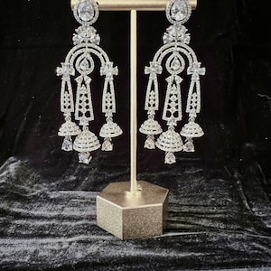 Statement Light Weight Sliver Color Long and Premium Quality American Diamond Earrings with small Jumkis | Indian Jewelry | AD Earrings