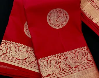Sari de seda pura Kanjivaram, rojo granate, motivos de pavo real Zari dorado (certificado con marca de seda)