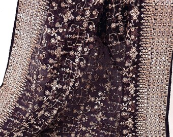 Eggplant Purple Color Organza Silk Dupatta, Gold Zari Embroidery, Wedding Party Wear