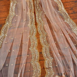 Pastel Peach Color Net Dupatta with Gold Zari, Sequin and Beads | Peach Color Wedding Dupatta | Sequin Dupattas | Indian Dupatta for Lehanga