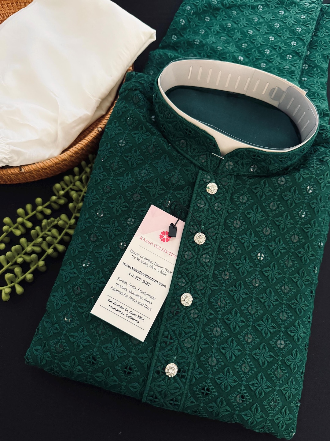 WWW@WWW ① Readymade Bottle Green Sequin Chikhenkari Embroidery Kurta