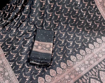 Charcoal Grey Handloom Mashru Silk Saree with Copper Zari Banarasi Border, Pallu