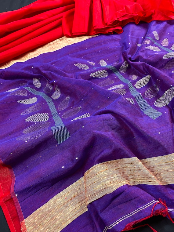Red with Purple/Blue Color Handloom Saree with tiny Sequence Work and Thread Work | Handloom Sarees | Sequence Saree  | Kaash Collection