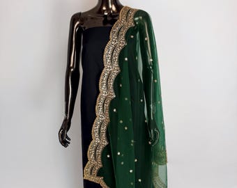 Bottle Green Color Net Dupatta with Gold Zari, Sequin and Bead  | Sequin Dupatta | Indian Dupatta for Lehanga | Weddding, Party Wear Dupatta