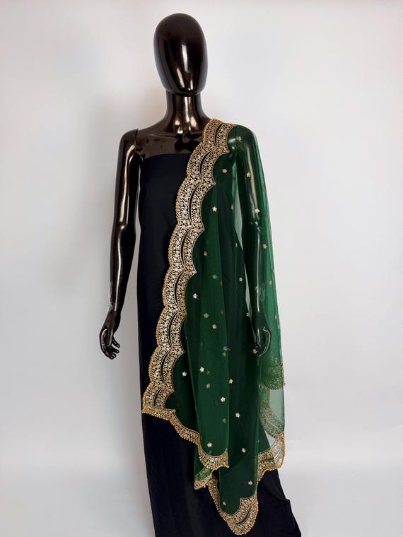 Bottle Green Color Net Dupatta with Gold Zari, Sequin and Bead  | Sequin Dupatta | Indian Dupatta for Lehanga | Weddding, Party Wear Dupatta