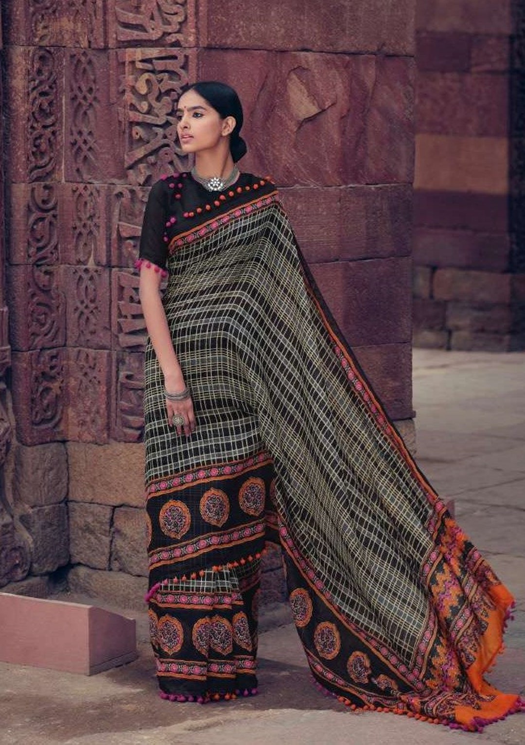 Black With Check and Multi-color Print Design Cotton Silk Saree With ...