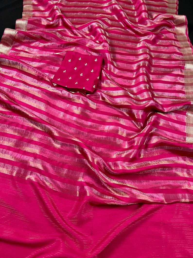 Statement Handmade Hot Pink Color Striped Banarasi Satin Tissue Silk